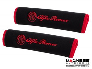 Seat Belt Shoulder Pads - set of 2 - Black w/ Alfa Romeo Logo + Red Binding